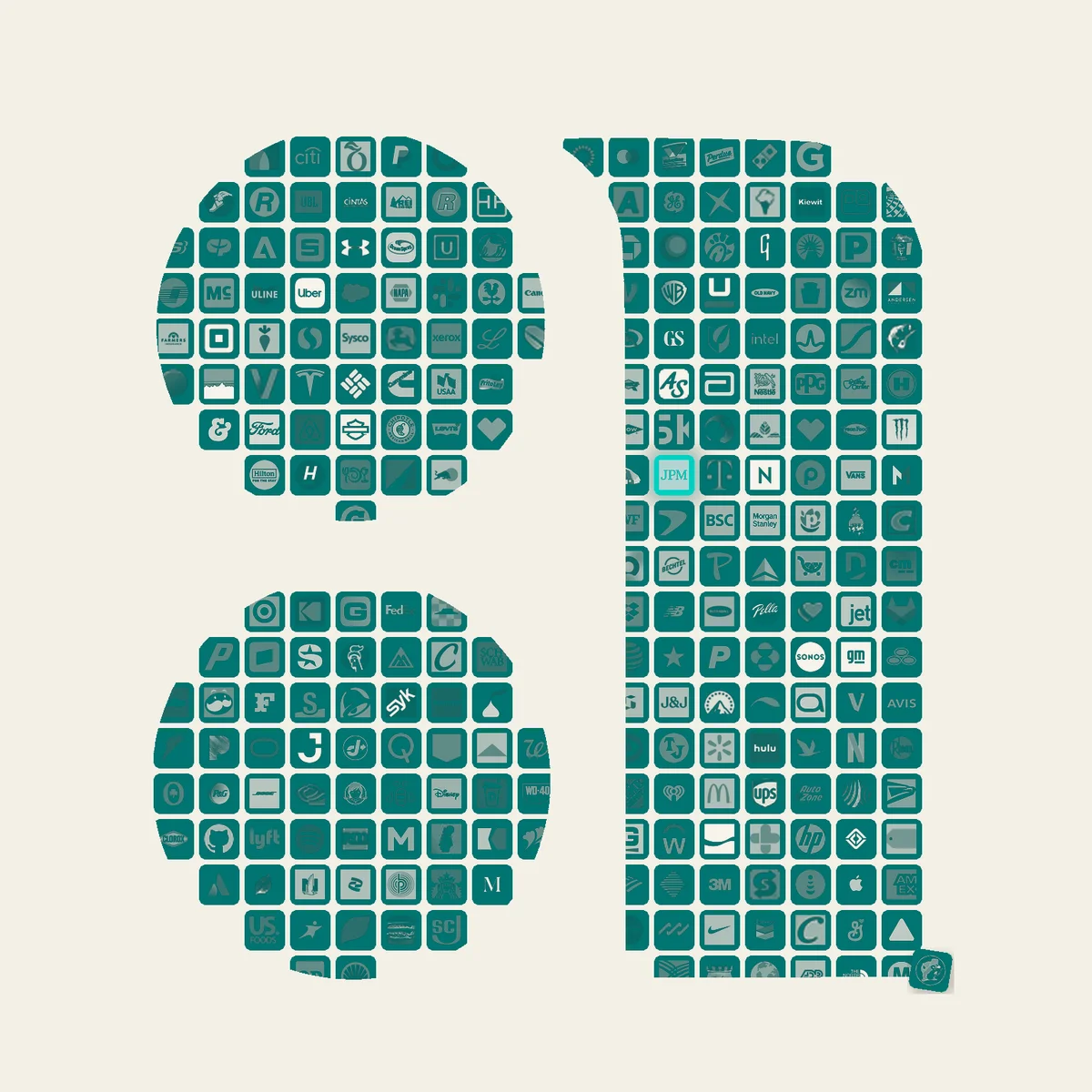 Kona Equity — the IA mark as a teal duotone mosaic of hundreds of real company logos